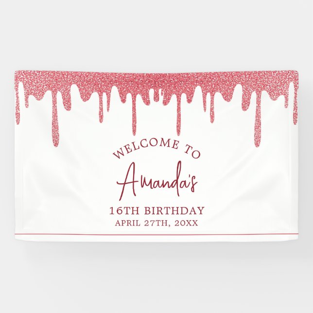 Lona Moda Rosa Dorado Purpurina Dulce 16 Cumpleaños (Horizontal)