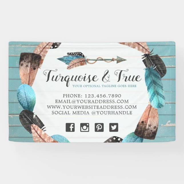 Lona Moda Rustic Turquoise Wood & Feather Arrow Boho (Horizontal)
