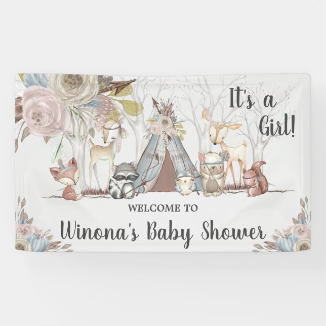 Lona Moda Tribal Woodland Animals Baby Shower Fondo (Horizontal)
