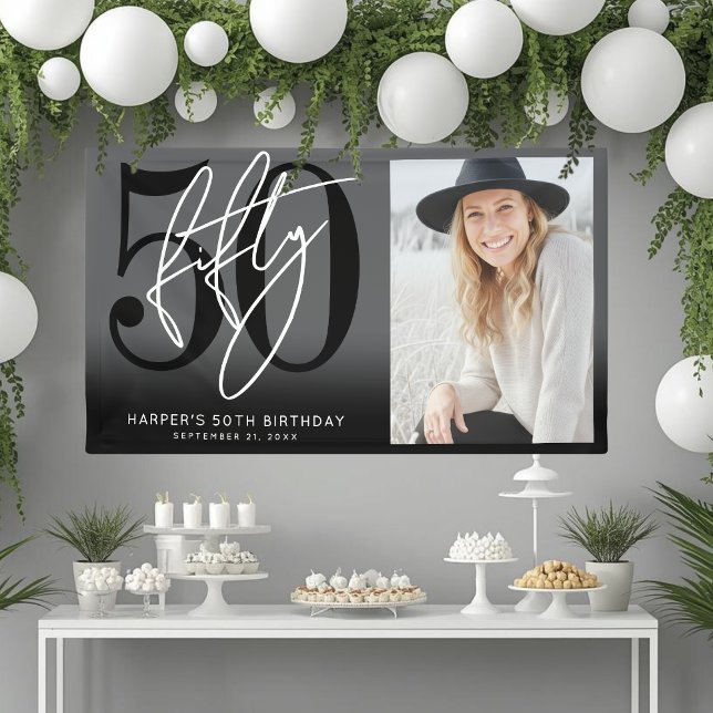 Lona Modern Black 50th Birthday Party (Modern Black 50th Birthday Party Banner)