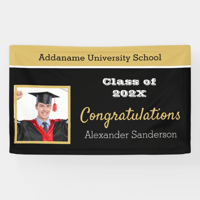 Lona Modern Black Gold Photo Graduation felicitaciones (Horizontal)