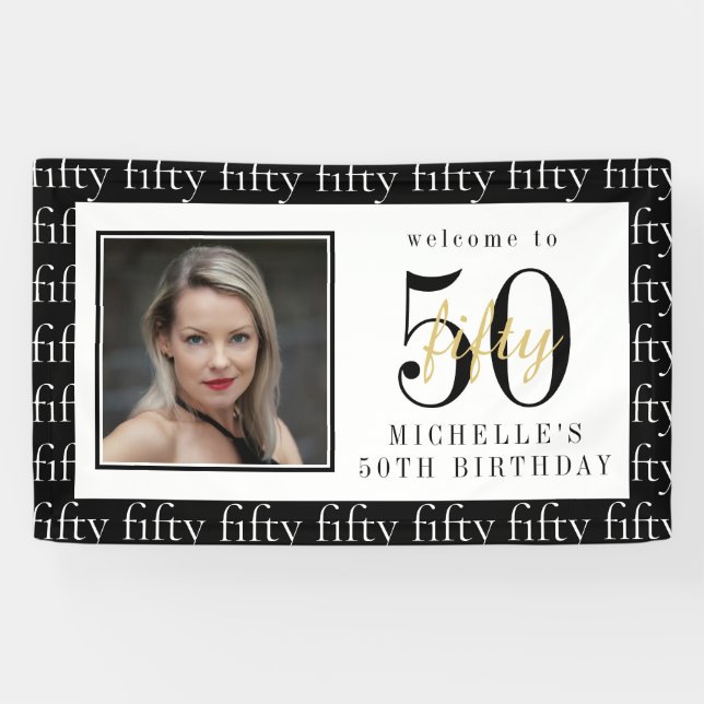 Lona Modern Black & White 50th Birthday Photo Backdrop  (Horizontal)