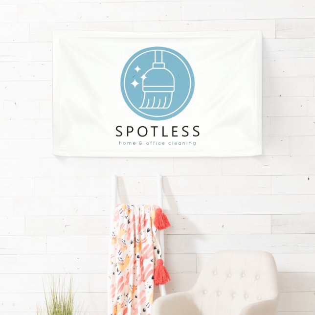 Lona Modern Blue Broom Logo Cleaning Service Business (In situ)