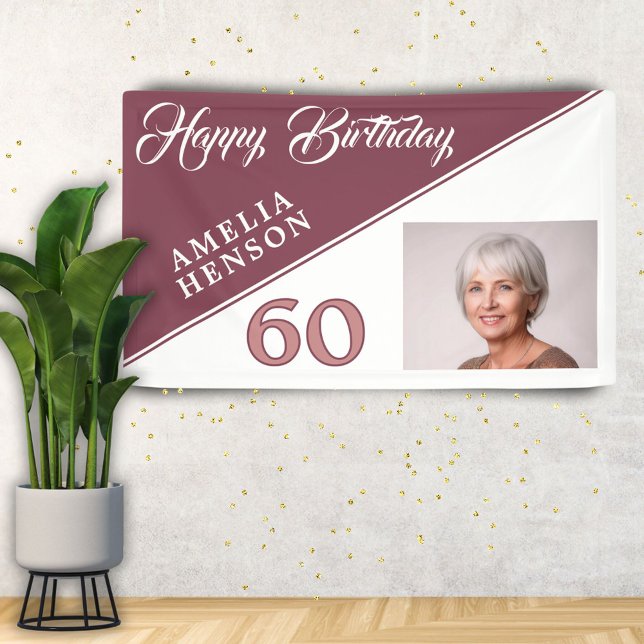 Lona Modern Burgundy Red Happy 60th Birthday Photo (Subido por el creador)