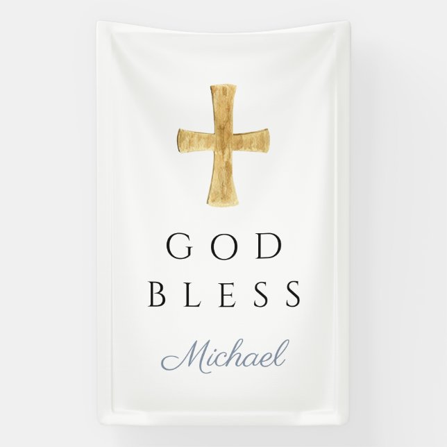 Lona Modern Dusty Blue Religious Cross Boy God Bless (Vertical)