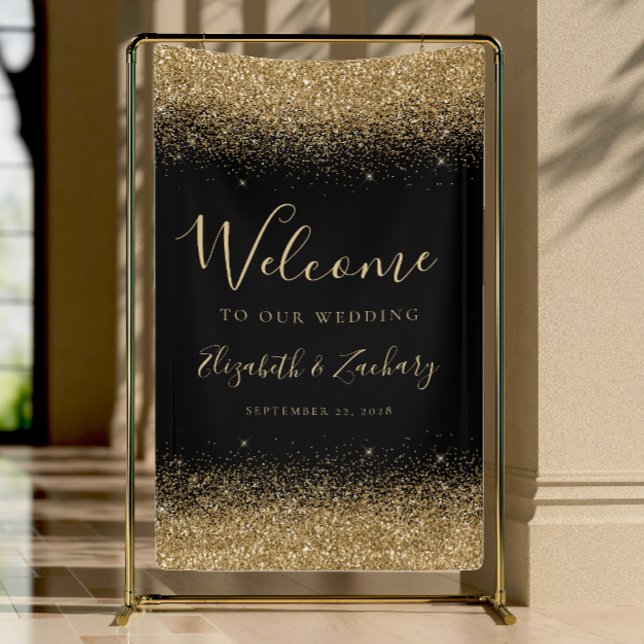 Lona Modern Gold Glitter Black Wedding Welcome (Subido por el creador)