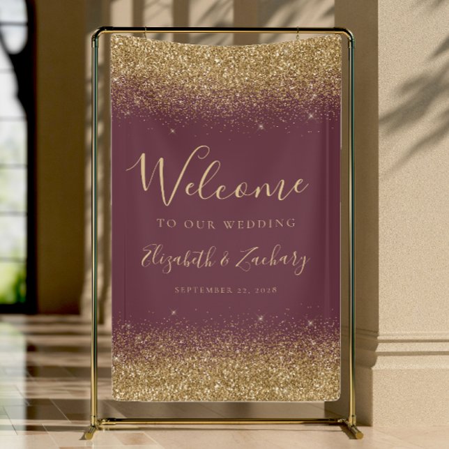Lona Modern Gold Glitter Dark Burgundy Wedding Welcome (Subido por el creador)