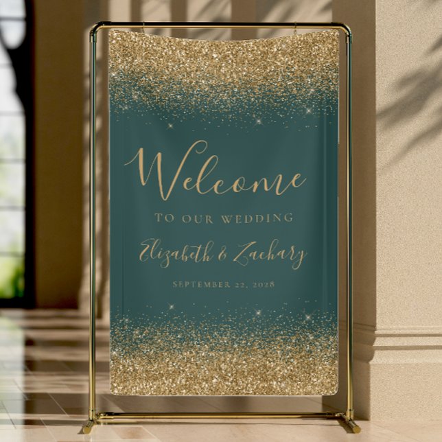 Lona Modern Gold Glitter Dark Green Wedding Welcome (Subido por el creador)
