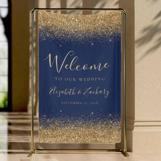 Lona Modern Gold Glitter Navy Blue Wedding Welcome (Subido por el creador)
