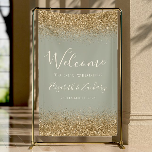 Lona Modern Gold Glitter Sage Green Wedding Welcome (Subido por el creador)