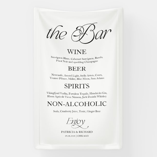 Lona Modern Minimalist "The Bar" Wedding Menu Sign (Vertical)