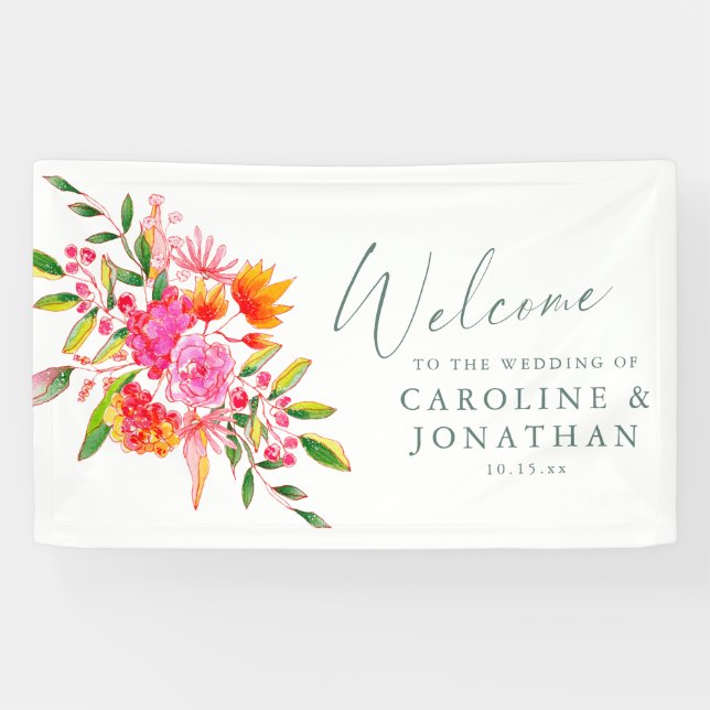 Lona Modern Pink Orange Floral Custom Wedding Welcome (Horizontal)