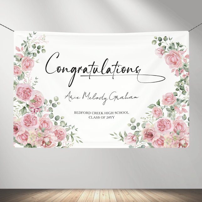 Lona Modern Pink Roses Congratulation Graduation Banner (Subido por el creador)