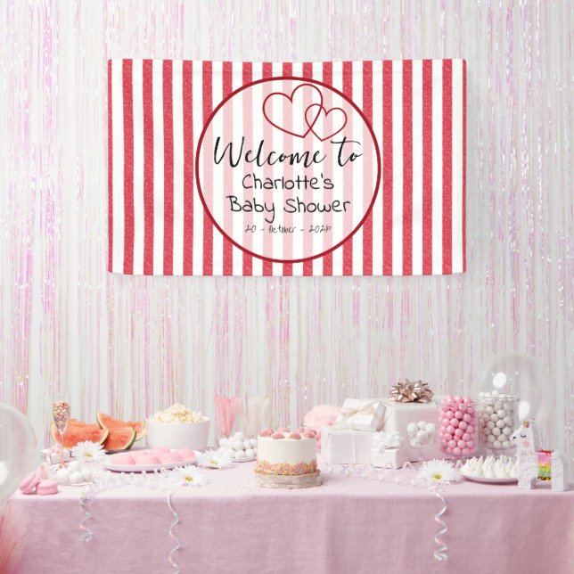 Lona Modern Red Chalk Stripes Double Hearts Baby Shower (Fiesta)