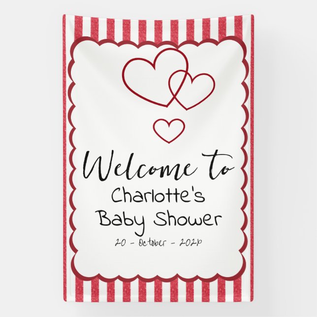 Lona Modern Red Chalk Stripes Triple Hearts Baby Shower (Vertical)