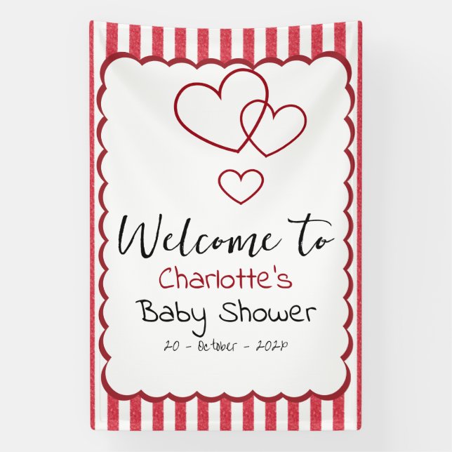 Lona Modern Red Chalk Stripes Triple Hearts Baby Shower (Vertical)