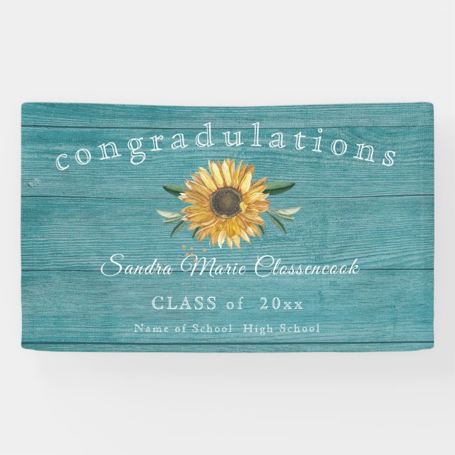 Lona Modern Sunflower Graduación Rustic Wood Banner (Horizontal)