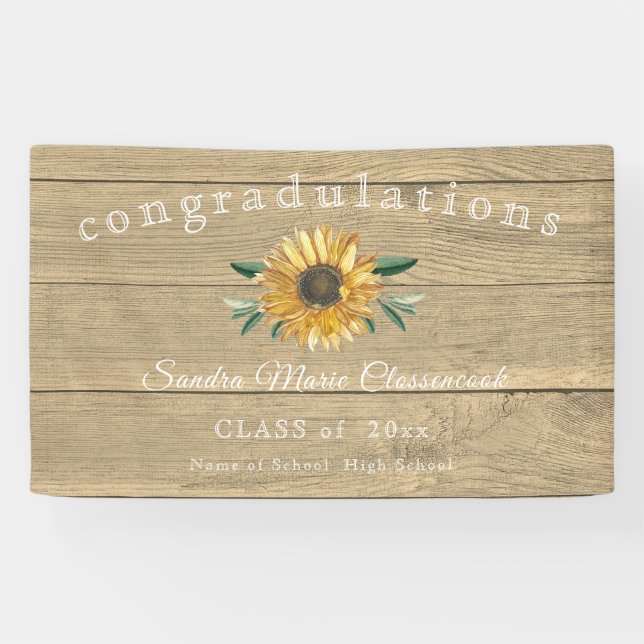 Lona Modern Sunflower Graduación Rustic Wood Banner (Horizontal)