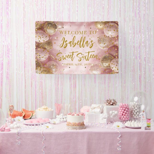 Lona Modern sweet 16 pink gold balloons welcome (Fiesta)