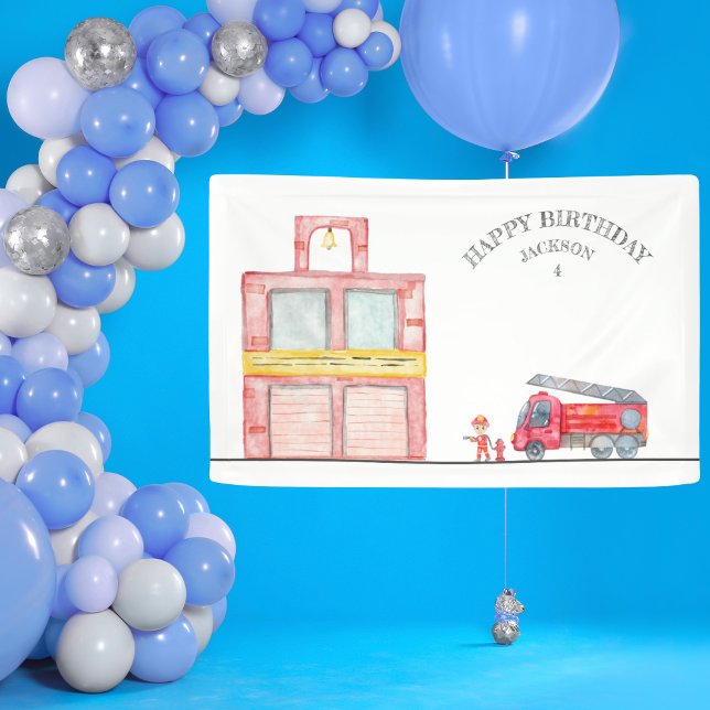 Lona Moderna fiesta Minimalista de cumpleaños de Firema (Modern Minimalist Fireman birthday Party Banner for boy firefighter birthday party)