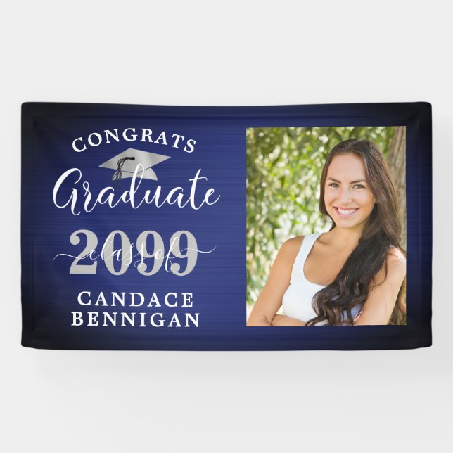 Lona Modernas felicitaciones Grad Photo Navy Blue Silve (Horizontal)