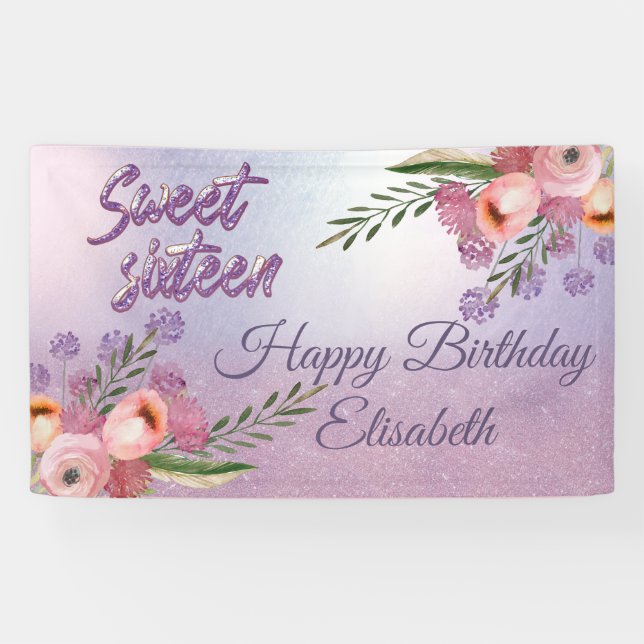 Lona Moderno boho acuarela floral dulce 16 fiesta bann (Horizontal)