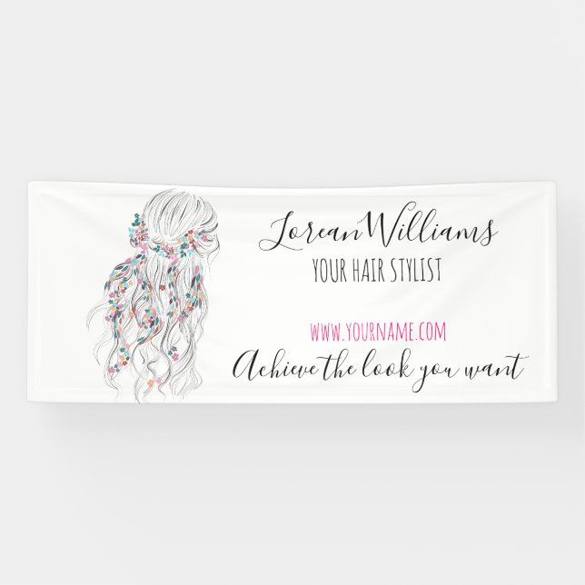 Lona Moderno Boho Blanco Negro Wavy Hair Style Floral (Horizontal)