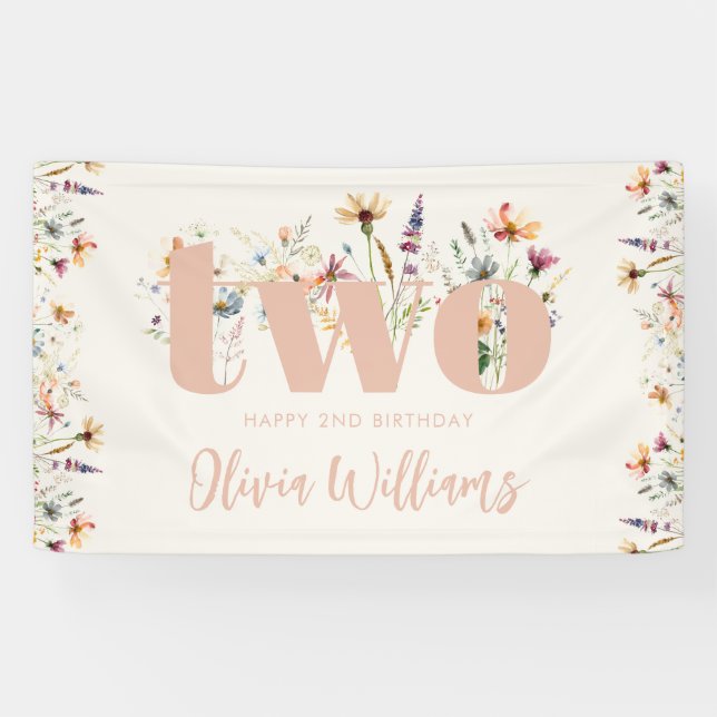 Lona Moderno Boho Wildflower Segundo cumpleaños (Horizontal)