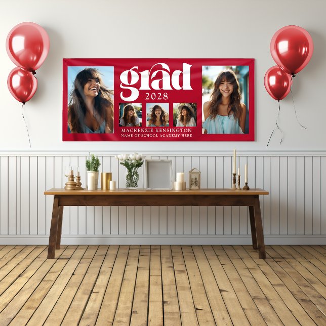 Lona Moderno Collage de fotos elegante de graduación ro (Modern Elegant Red Graduation Photo Collage Banner)