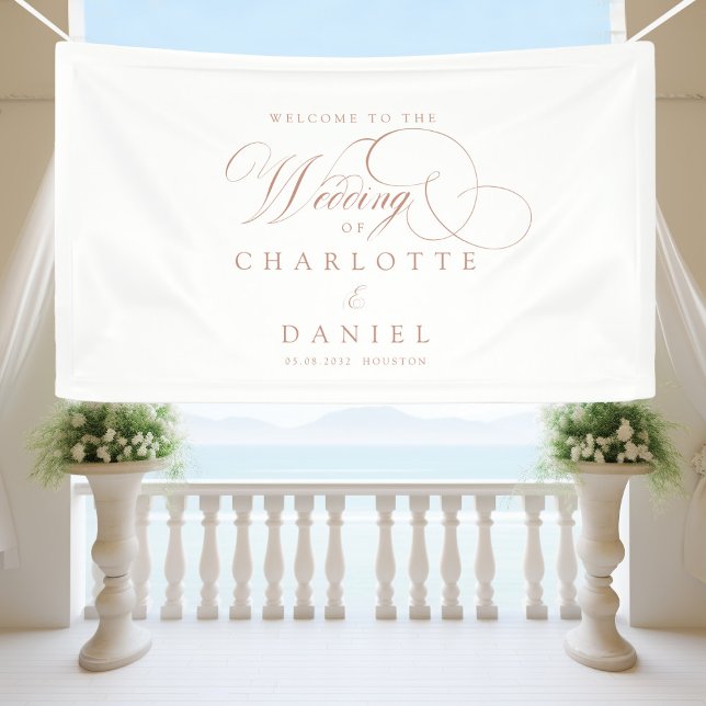 Lona Moderno, elegante, letra manuscrita, boda blanco (Modern, elegant, classic, handwriting font, white wedding banner.)