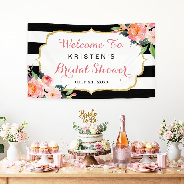 Lona Moderno Floral Black White Stripes Bridal Shower (Subido por el creador)