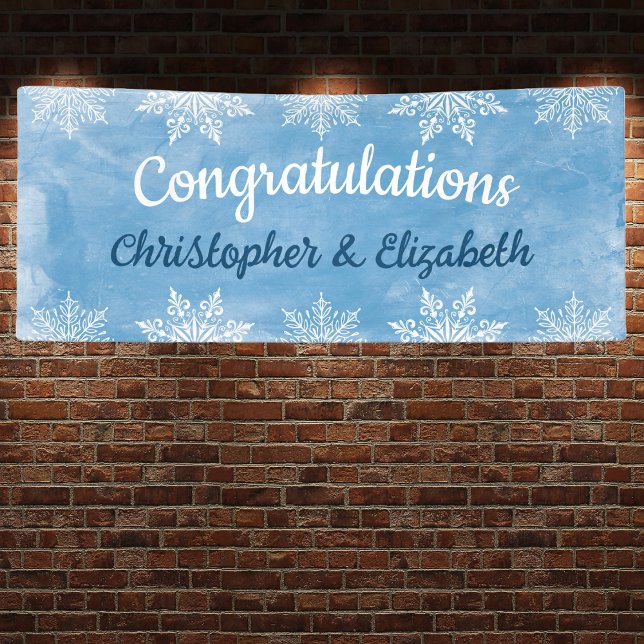 Lona Moderno Invierno Felicitaciones Compromiso Boda (Winter Themed Snowflake Congratulations Banner for Engagement / Wedding / Events)