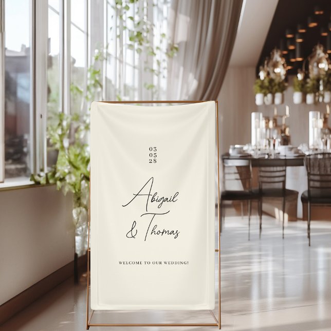 Lona Moderno, mínimo, beige, boda (Modern, minimal, beige "welcome" wedding banner with your name & date.)