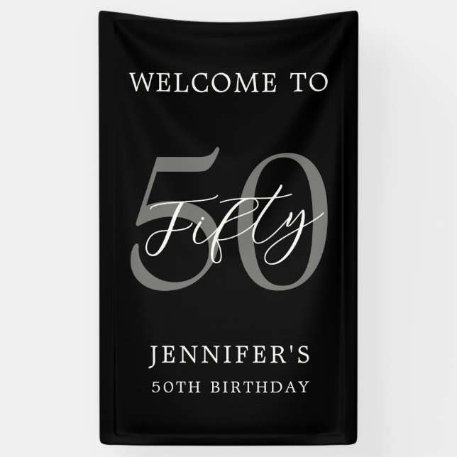 Lona Moderno negro y blanco elegante 50 cumpleaños (Vertical)