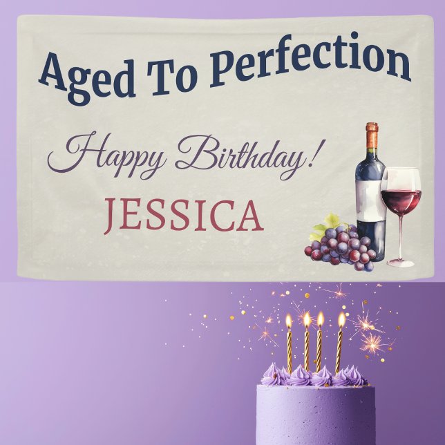 Lona Moderno, sencillo y elegante (Wine themed ‘Aged to Perfection’ birthday banner with watercolor grapes, wine glass & bottle.)