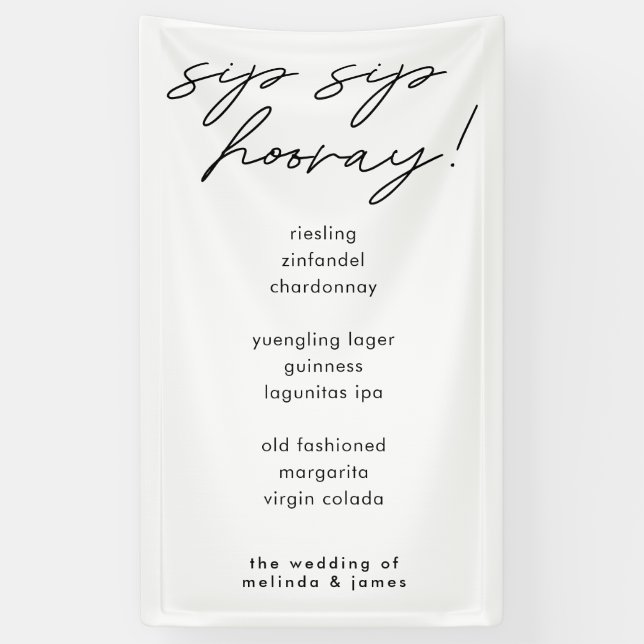 Lona Moderno Sip Sip Hooray Calligraphy Fabric Bar Menú (Vertical)