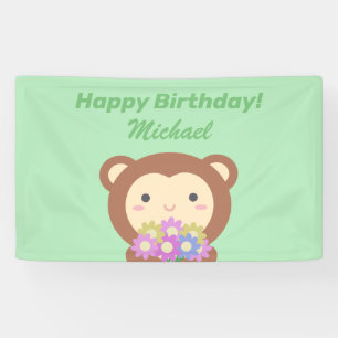 Lona Mono Kawaii Lindo y Flores Feliz Cumpleaños