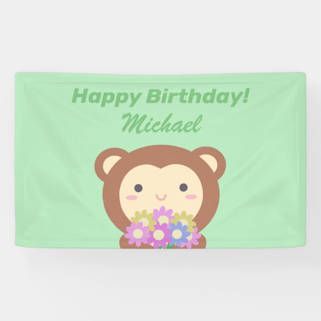 Lona Mono Kawaii Lindo y Flores Feliz Cumpleaños (Horizontal)