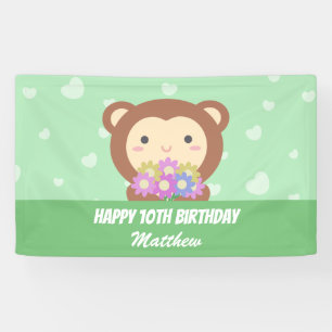 Lona Mono Kawaii Lindo y Flores Feliz Cumpleaños