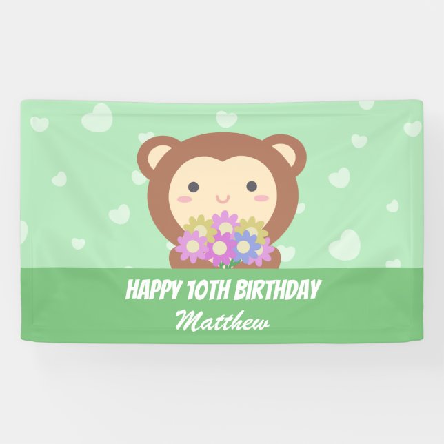 Lona Mono Kawaii Lindo y Flores Feliz Cumpleaños (Horizontal)