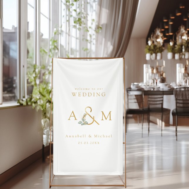 Lona Monograma, Ampersand de Eucalipto, Blanco y Dorado (Elegant, Modern, Simple, Monogram, Eucalyptus Ampersand, White & Gold Wedding Banner.)