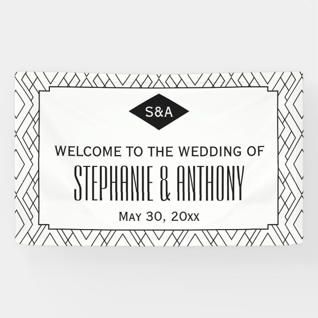 Lona Monograma Boda de Art Deco Negro y Blanco (Horizontal)