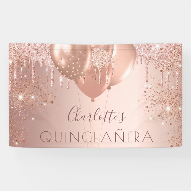 Lona Monograma de globos purpurinas de oro rosa Quincea (Horizontal)