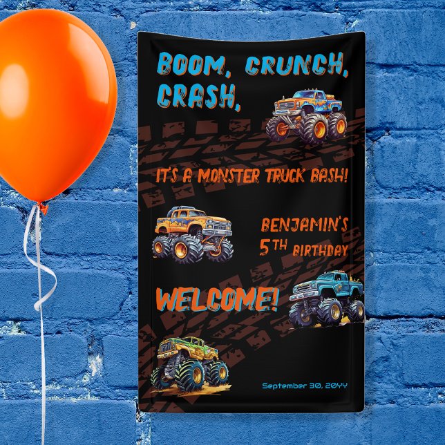 Lona Monster Truck Bash Boy 5ª fiesta de cumpleaños ("Boom, Crunch, Crash, It's A Monster Truck Bash" Boy's 5th Birthday Party 3' x 5' banner)