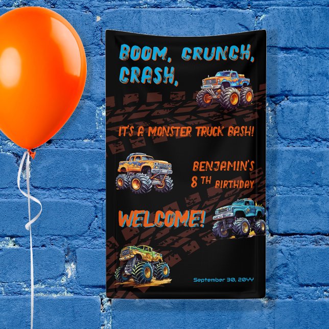 Lona Monster Truck Bash Boy 8 cumpleaños ("Boom, Crunch, Crash, It's A Monster Truck Bash" Boy's 8th Birthday Party 3' x 5' banner)