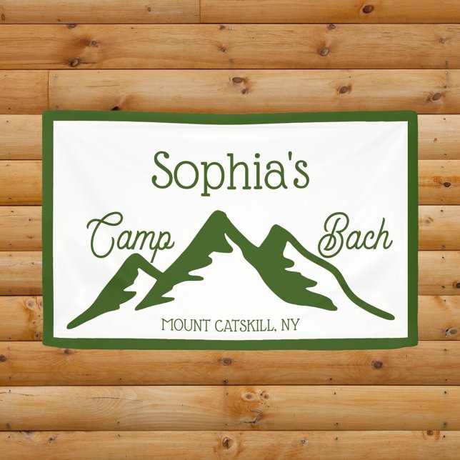 Lona Montañas Retro Personalizadas Camp Bach Green (Camp Bach personalized camping bachelorette party banner)