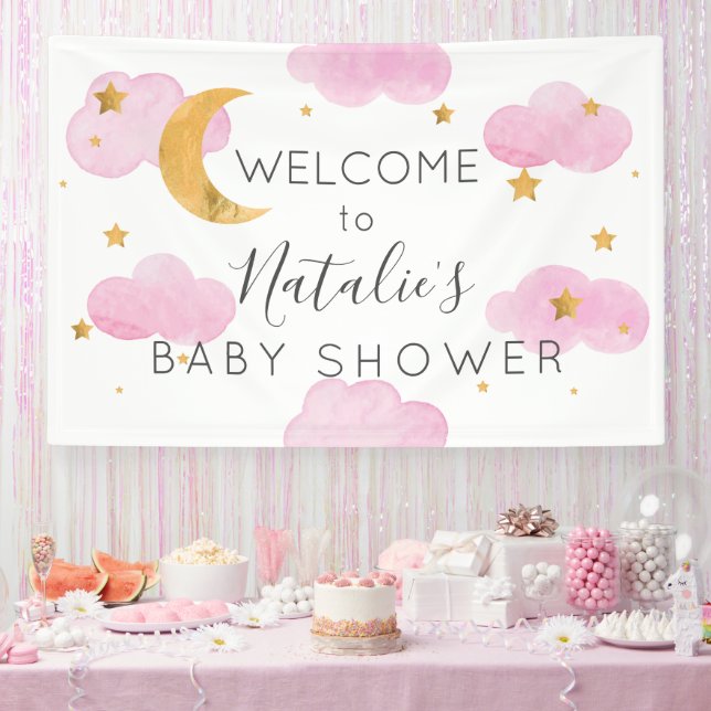Lona Moon & Stars nubes rosas, pancarta de ducha d (Fiesta)