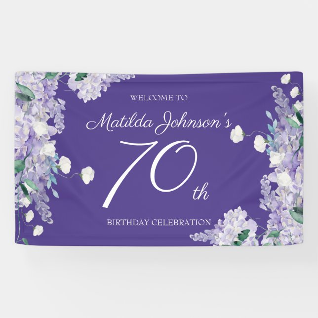 Lona Morado 70 cumpleaños Wisteria Floral Elegante Fies (Horizontal)
