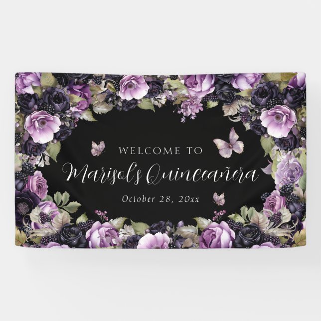 Lona Morado gótico y Moody Florals Quinceañera (Horizontal)