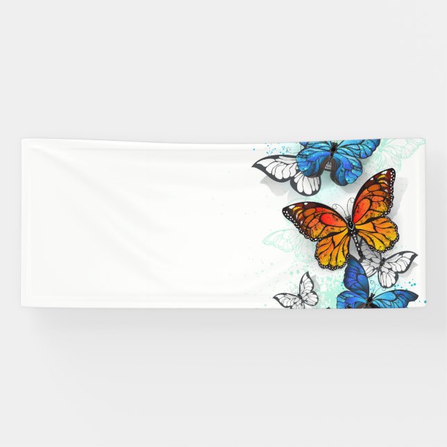 Lona Morfo y monarca de las mariposas voladoras (Horizontal)
